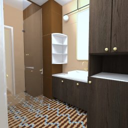 Rema Design Studio projektowania wnętrz - Wizualizacja łazienki z kabiną prysznicową, szafką z umywalką i wysoką szafką z ciemnego drewna, wzorzysta podłoga w odcieniach brązu i błękitu.