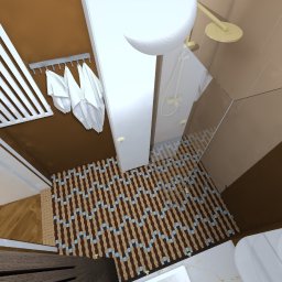 Rema Design Studio projektowania wnętrz - Wizualizacja łazienki z góry: brązowe ściany, białe meble, wzorzysta podłoga, kabina prysznicowa ze złotą słuchawką, ręczniki na wieszaku i dekoracyjny sufit.