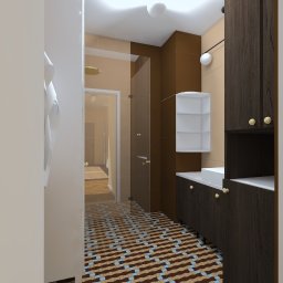 Rema Design Studio projektowania wnętrz - Wizualizacja łazienki z kabiną prysznicową, ciemnymi szafkami z okrągłymi uchwytami, białym zlewem i wzorzystą podłogą w odcieniach brązu i błękitu.