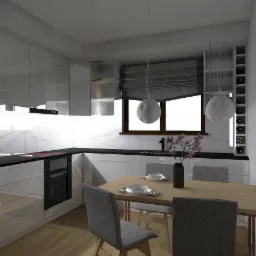 Wizualizacja nowoczesnej kuchni z białymi, błyszczącymi szafkami, blatem z czarnego kamienia i marmurowym backsplashiem. Stół z jasnego drewna otoczony szarymi krzesłami, nad nim wiszące lampy...