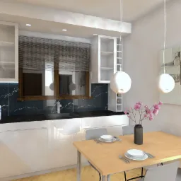 Wizualizacja nowoczesnej kuchni z białymi szafkami, czarnym blatem marmurowym, drewnianymi oknami z żaluzjami, okrągłymi lampami wiszącymi i stołem z kwiatami.