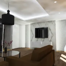 Wizualizacja salonu z marmurową ścianą, telewizorem, brązową sofą, szklanym stolikiem kawowym i czarną lampą wiszącą.