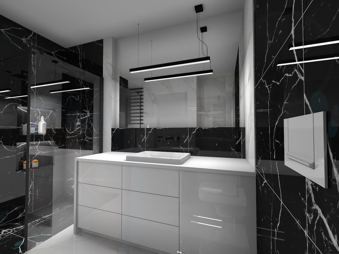 Nowoczesna łazienka z czarno-białymi marmurowymi płytkami, podwieszaną szafką z umywalką i minimalistycznym oświetleniem LED.