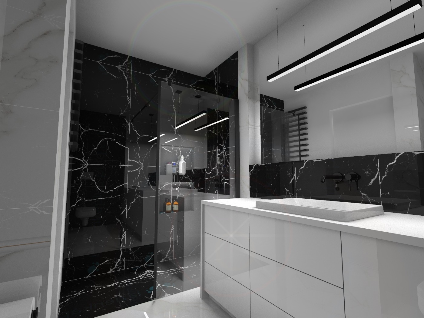 Wizualizacja nowoczesnej łazienki z czarnymi marmurowymi płytkami, białymi meblami łazienkowymi z szufladami, umywalką nablatową, czarną armaturą i oświetleniem ledowym.