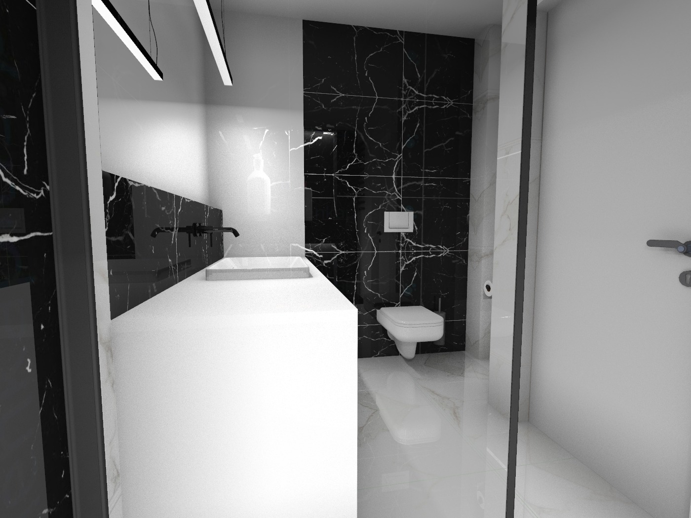 Wizualizacja nowoczesnej łazienki z czarno-białymi marmurkowymi płytkami, podwieszaną toaletą i długą, prostokątną umywalką z czarną armaturą, oświetloną podłużnymi lampami LED.