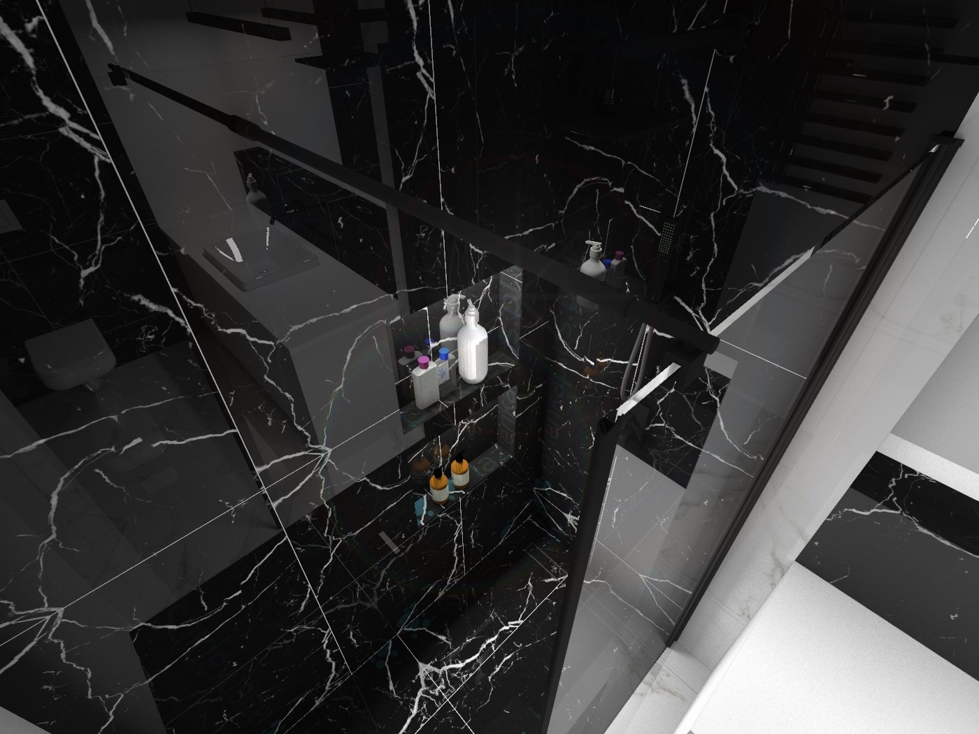 Wizualizacja nowoczesnej łazienki z czarnymi marmurowymi płytkami, szklaną kabiną prysznicową i minimalistyczną armaturą, widok z góry.