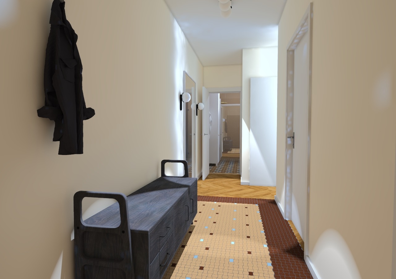 Nowoczesny przedpokój z szarą komodą, płaszczem wiszącym na ścianie i wzorzystą podłogą, widok w głąb mieszkania.