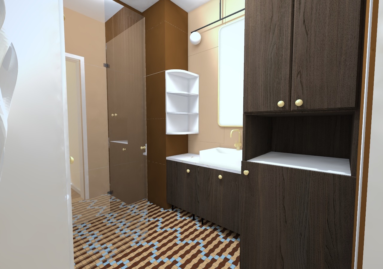 Wizualizacja łazienki z kabiną prysznicową, szafką z umywalką i wysoką szafką z ciemnego drewna, wzorzysta podłoga w odcieniach brązu i błękitu.