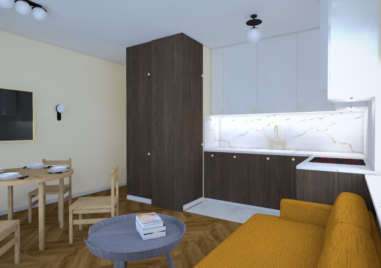 Wizualizacja małego mieszkania z brązowymi szafami, drewnianym stołem z krzesłami, żółtą kanapą i okrągłym stolikiem z książkami.