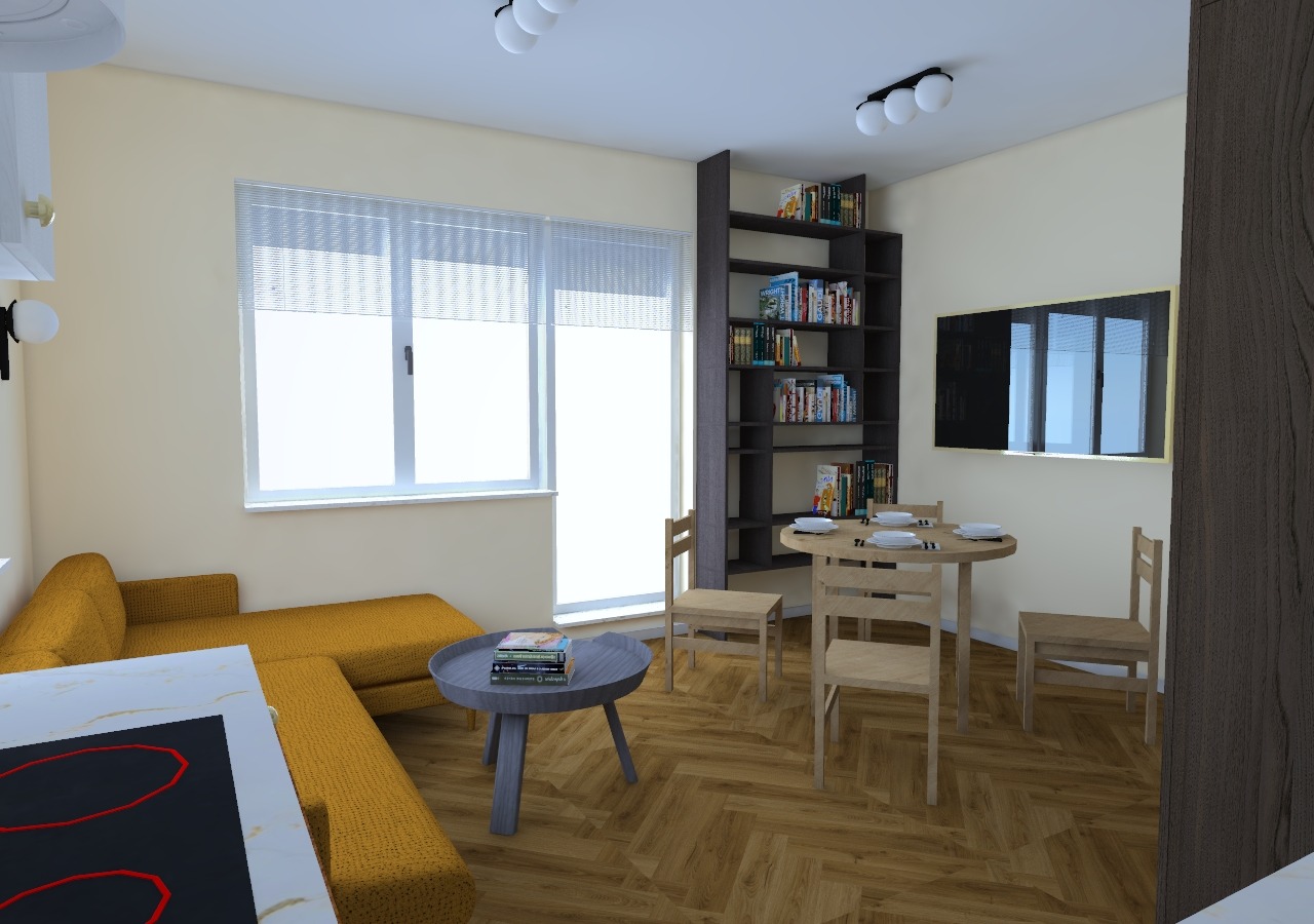Wizualizacja wnętrza mieszkania: żółta sofa modułowa, okrągły stolik kawowy z książkami, stół jadalny z krzesłami i regał z książkami przy ścianie.