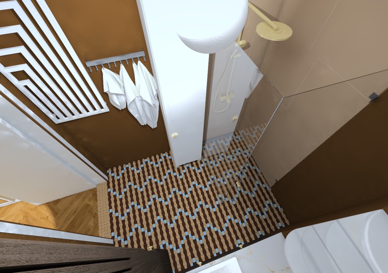 Wizualizacja łazienki z góry: brązowe ściany, białe meble, wzorzysta podłoga, kabina prysznicowa ze złotą słuchawką, ręczniki na wieszaku i dekoracyjny sufit.
