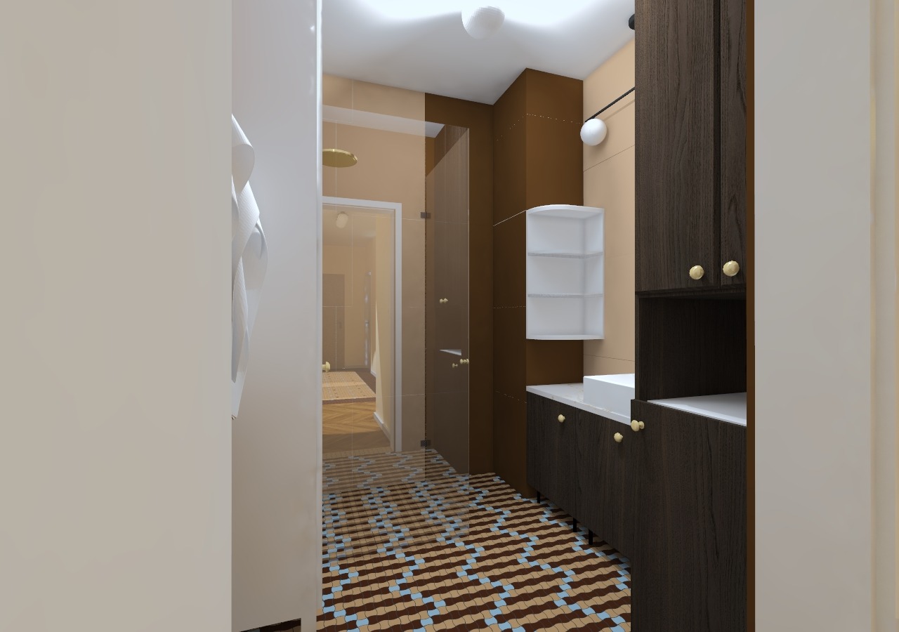 Wizualizacja łazienki z kabiną prysznicową, ciemnymi szafkami z okrągłymi uchwytami, białym zlewem i wzorzystą podłogą w odcieniach brązu i błękitu.