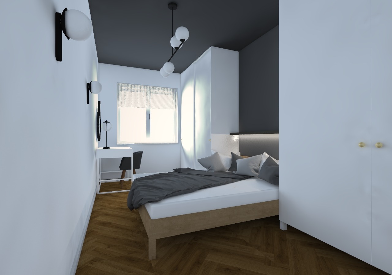 Nowoczesna sypialnia z biurkiem, lampami kulami i drewnianą podłogą w jodełkę, utrzymana w tonacji bieli, szarości i czerni.