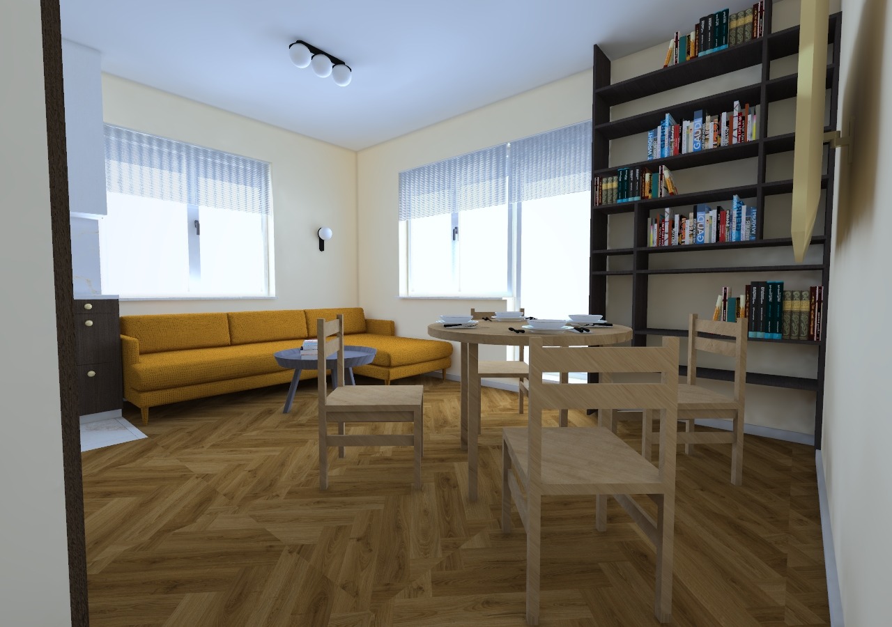 Wizualizacja wnętrza: salon z żółtą sofą, okrągłym stołem i regałem z książkami, parkiet w jodełkę.