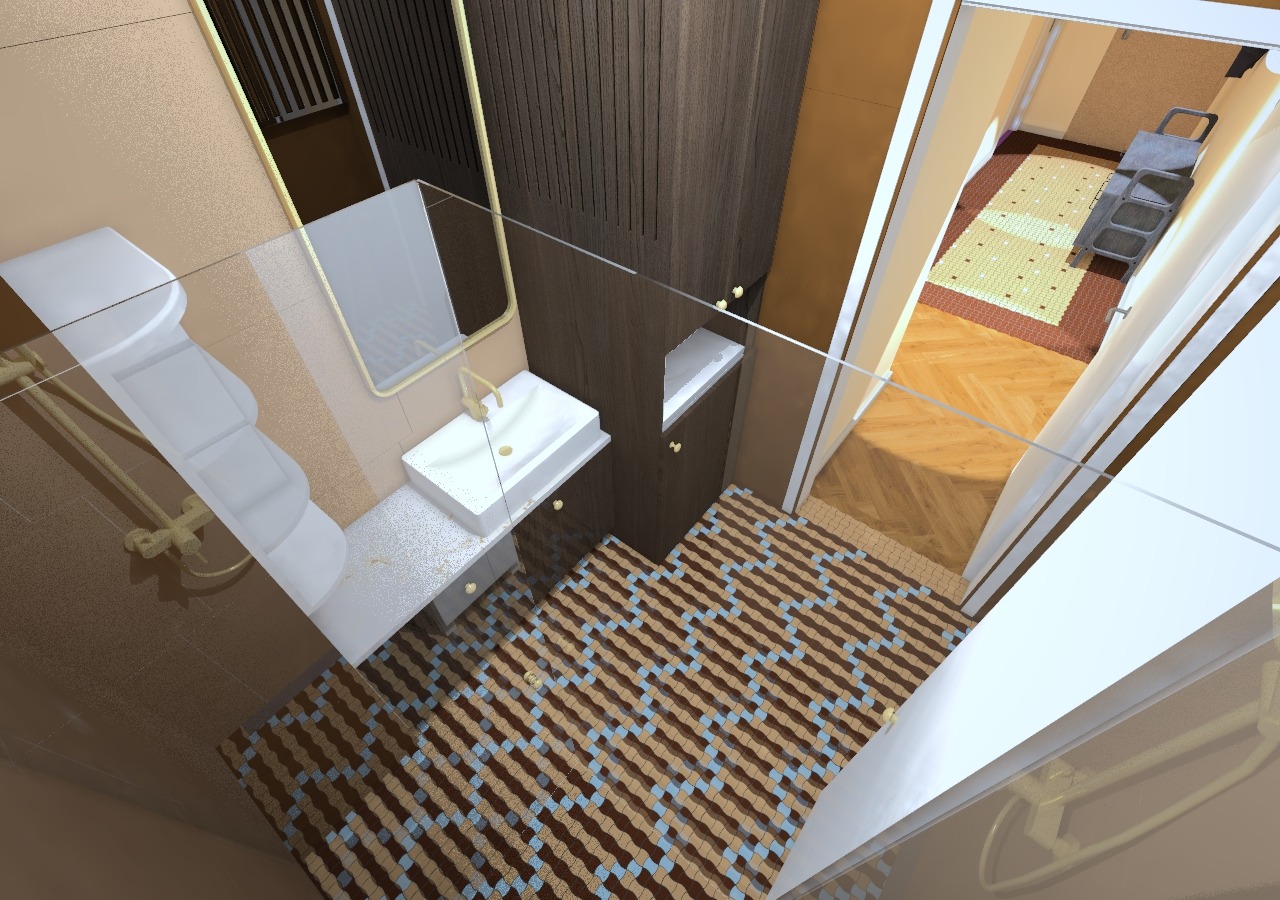 Wizualizacja łazienki z umywalką na szafce, dużym lustrem, toaletą i wzorzystą podłogą, widok z góry przez szklaną ścianę.