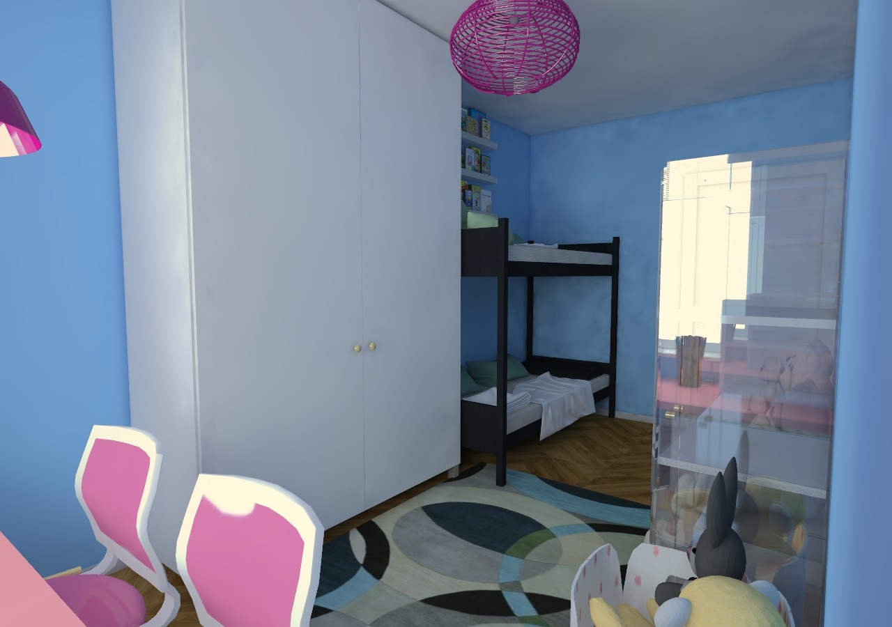 Pokój dziecięcy z łóżkiem piętrowym, białym regałem i różowymi krzesłami, oświetlony lampą w kolorze fuksji, z pluszowym królikiem na pierwszym planie.