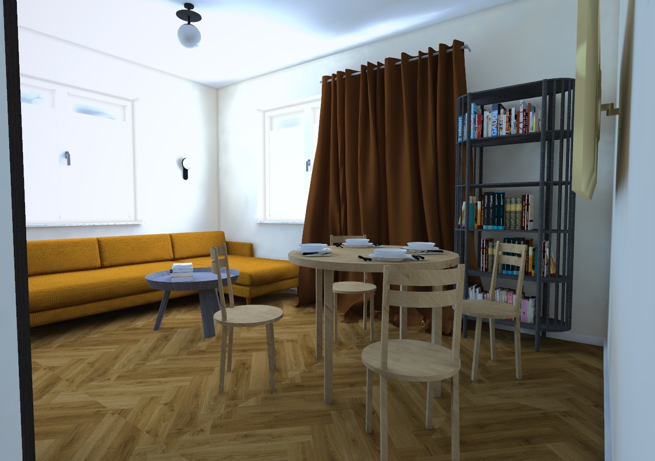 Wizualizacja salonu z jadalnią: żółta sofa, okrągły stolik kawowy z książkami, okrągły stół jadalny z zastawą, brązowe zasłony i regał na książki.