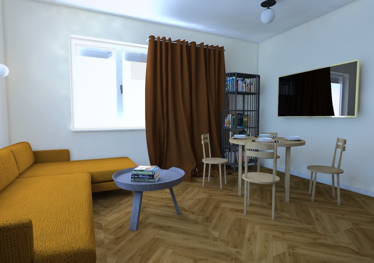 Jasne wnętrze pokoju dziennego z żółtą sofą narożną, okrągłym stolikiem kawowym z książkami, okrągłym stołem jadalnym z nakryciem i krzesłami, regałem na książki oraz telewizorem na ścianie...