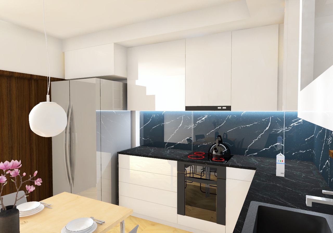 Wizualizacja nowoczesnej kuchni z białymi szafkami, blatem z czarnego marmuru i okrągłą lampą wiszącą nad drewnianym stołem z nakryciem. W tle widoczny drewniany panel ścienny i duża lodówka.
