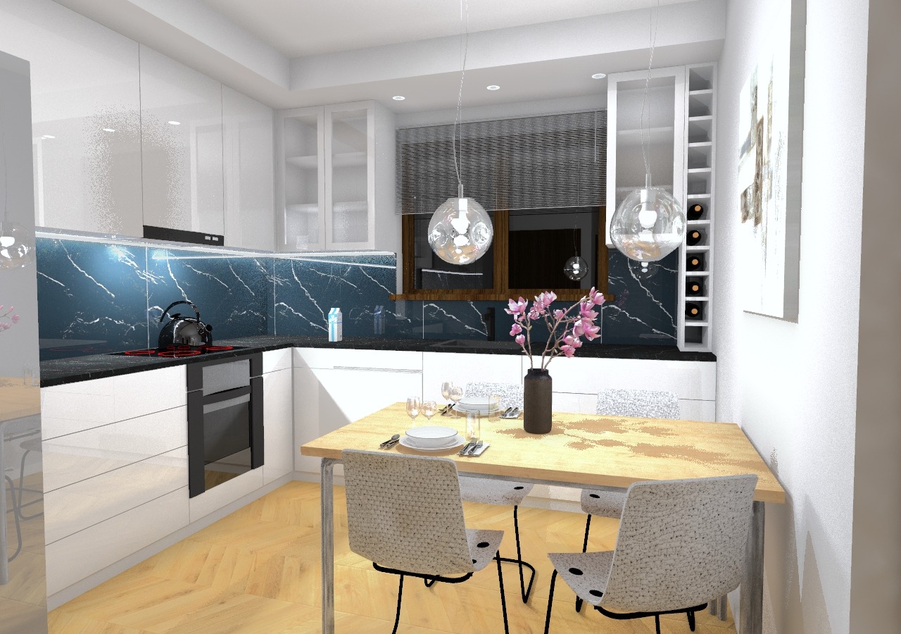 Wizualizacja nowoczesnej kuchni z białymi szafkami, czarnym blatem z marmurowym wzorem, drewnianym stołem z nakryciem i kwiatami w wazonie, oświetlonej wiszącymi lampami kulami.