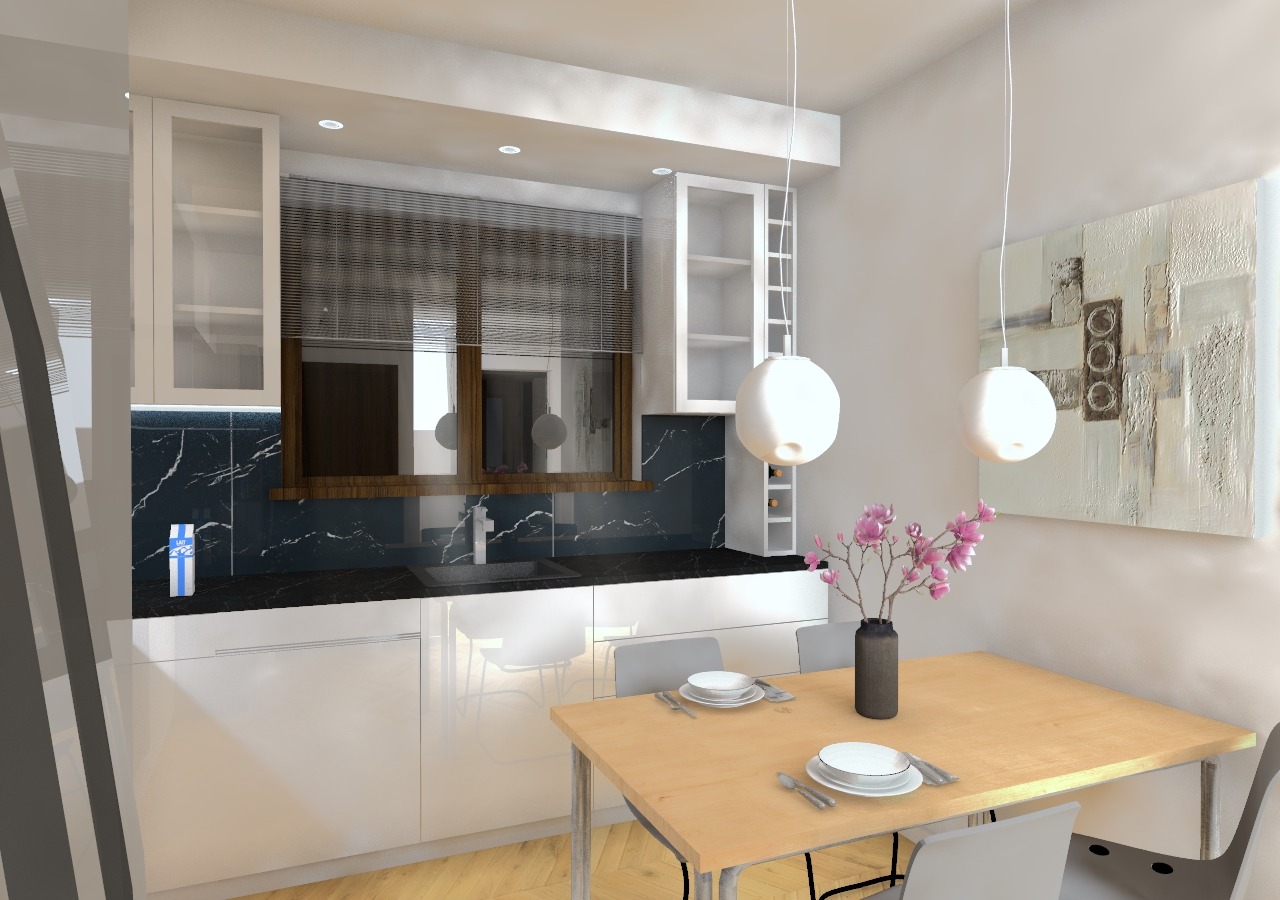 Wizualizacja nowoczesnej kuchni z białymi szafkami, czarnym blatem marmurowym, drewnianymi oknami z żaluzjami, okrągłymi lampami wiszącymi i stołem z kwiatami.