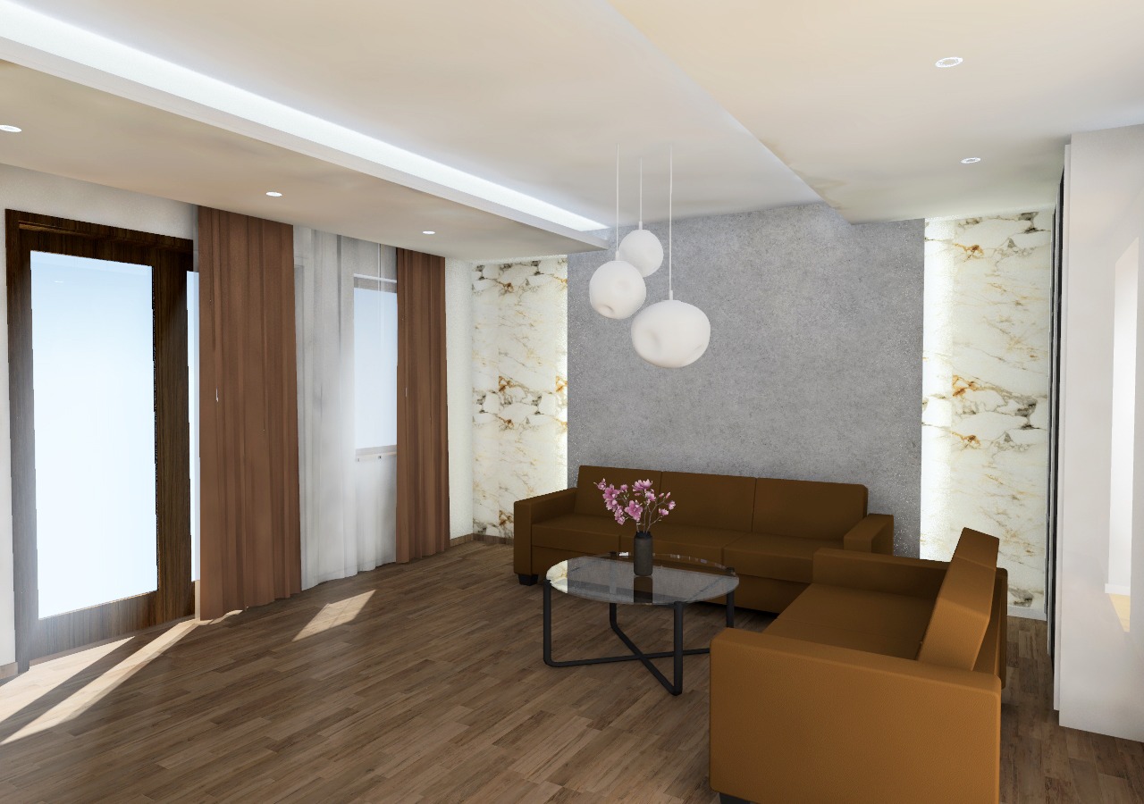 Wizualizacja salonu z brązową sofą, fotelem, marmurową ścianą, szarą ścianą, trzema białymi lampami wiszącymi i drewnianą podłogą.