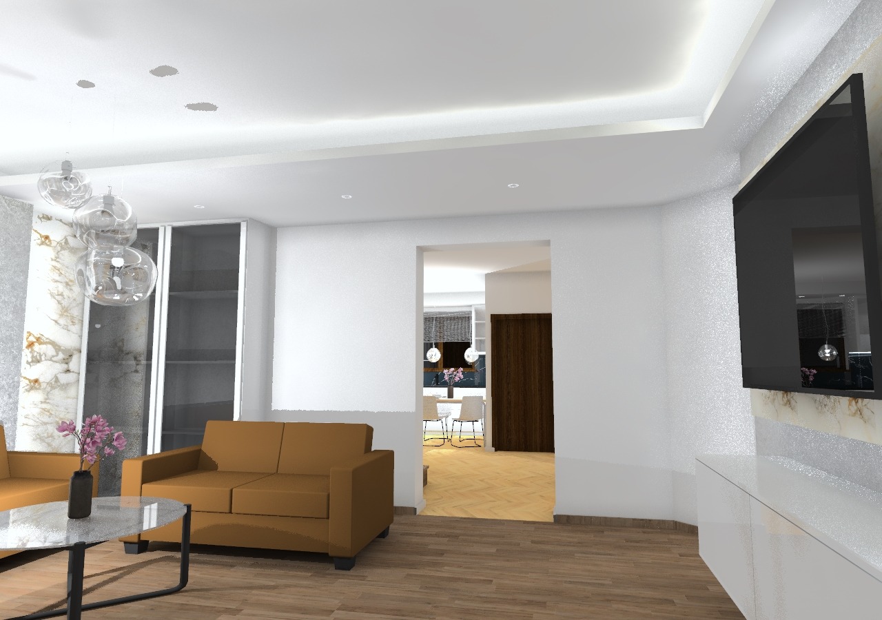 Wizualizacja salonu z sofą w odcieniach brązu, marmurową ścianą, szklanymi lampami kulami i telewizorem na ścianie, widok na jadalnię w tle.