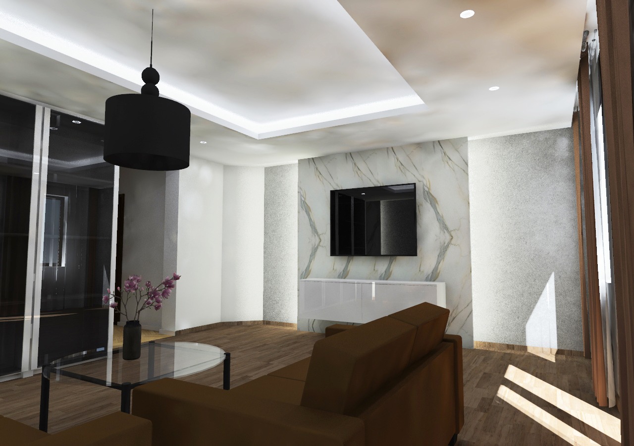 Wizualizacja salonu z marmurową ścianą, telewizorem, brązową sofą, szklanym stolikiem kawowym i czarną lampą wiszącą.