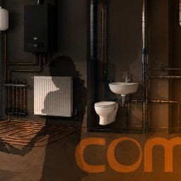 COMI.ECO Sp. z o.o. - Przekrój budynku z pompą ciepła na tle turbin wiatrowych, kotłem, grzejnikiem, rurami ogrzewania podłogowego, rekuperacją, pralką i armaturą łazienkową.