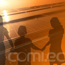 Silhouettes of three people holding hands superimposed over a solar panel array at sunset, with the 'comi.eco' logo in the foreground.