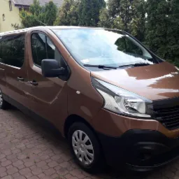 Brązowy Renault Trafic z widoczną tablicą rejestracyjną WF-5398T zaparkowany na kostce brukowej przed budynkiem i tujami.