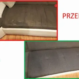 Porównanie fragmentu kanapy przed i po czyszczeniu: część z widocznymi plamami w czerwonej ramce oznaczona jako 'PRZED', a odświeżona, ciemnoszara powierzchnia w zielonej ramce oznaczona jako 'PO'.