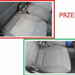 Tapicerka samochodowa: por&oacute;wnanie stanu przed czyszczeniem z widocznymi plamami i po czyszczeniu, gdzie tapicerka jest wyraźnie czystsza.