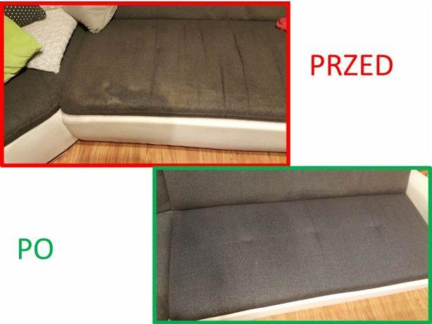 Porównanie fragmentu kanapy przed i po czyszczeniu: część z widocznymi plamami w czerwonej ramce oznaczona jako 'PRZED', a odświeżona, ciemnoszara powierzchnia w zielonej ramce oznaczona jako 'PO'.