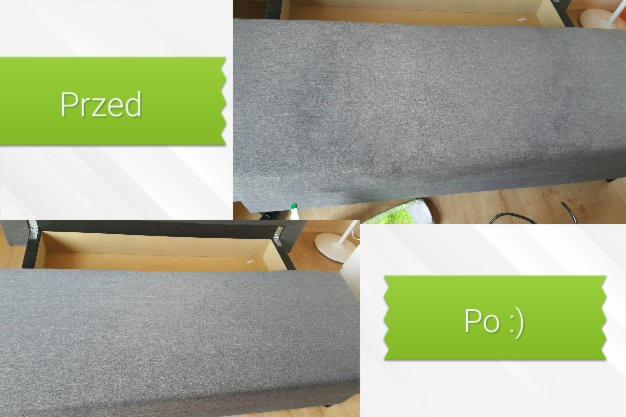 Szara tapicerka kanapy z widoczną różnicą przed i po czyszczeniu, z zielonymi etykietami 'Przed' i 'Po :)'