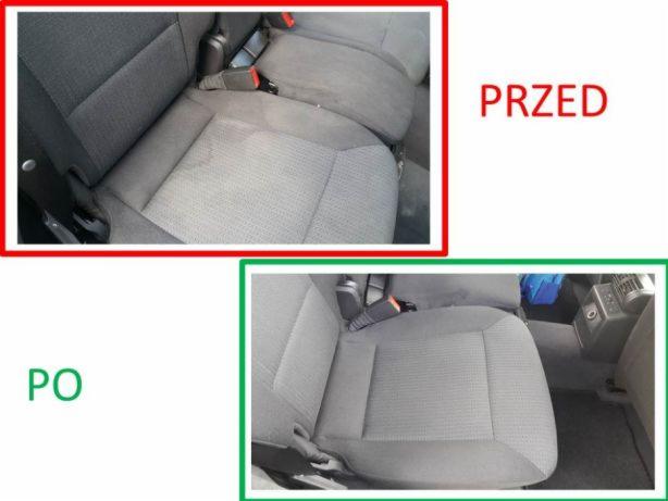 Tapicerka samochodowa: porównanie stanu przed czyszczeniem z widocznymi plamami i po czyszczeniu, gdzie tapicerka jest wyraźnie czystsza.