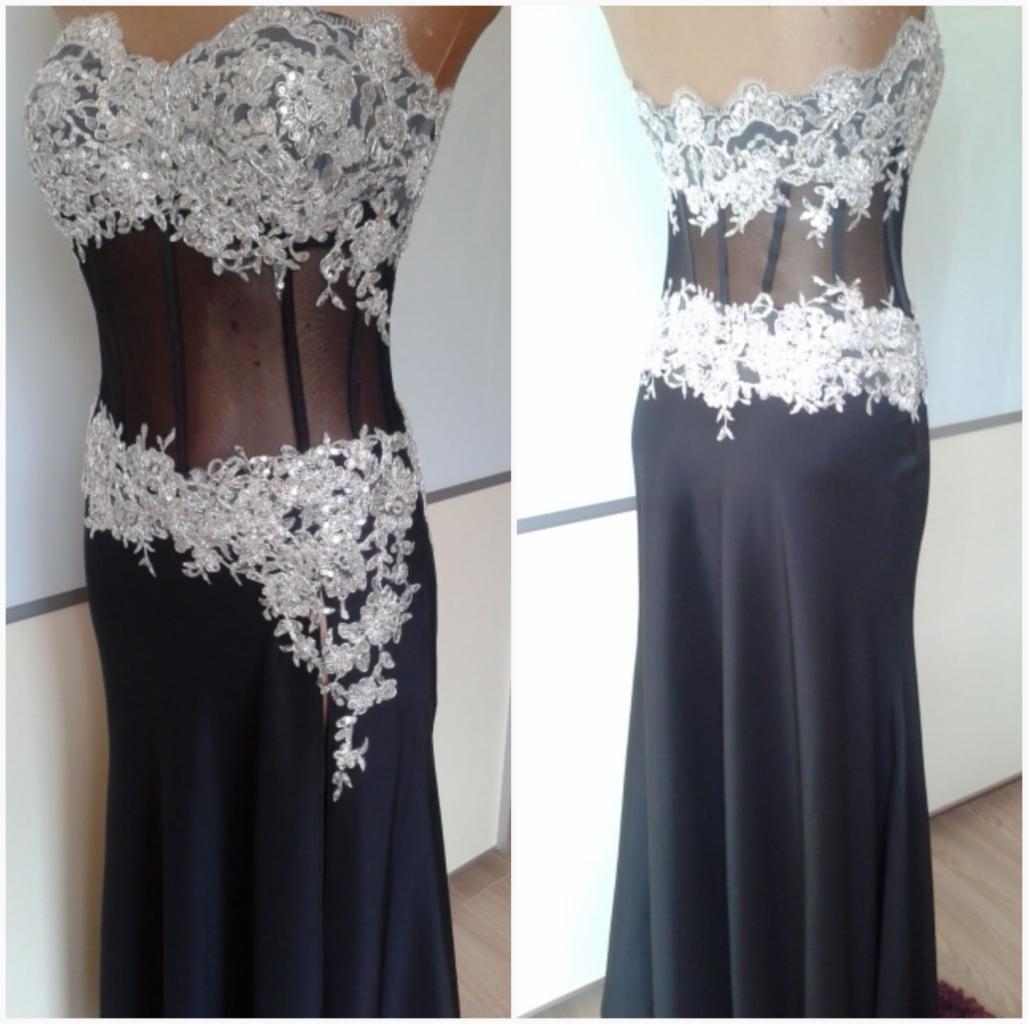 Dwa ujęcia czarnej sukni wieczorowej z koronkową górą i aplikacjami, przód i tył, na manekinie.