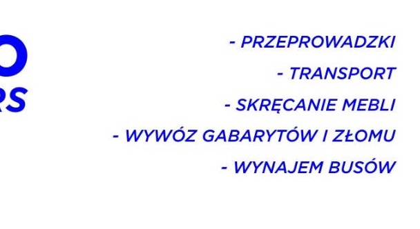 Niebieskie logo firmy z listą usług: przeprowadzki, transport, skręcanie mebli, wywóz gabarytów i złomu, wynajem busów.