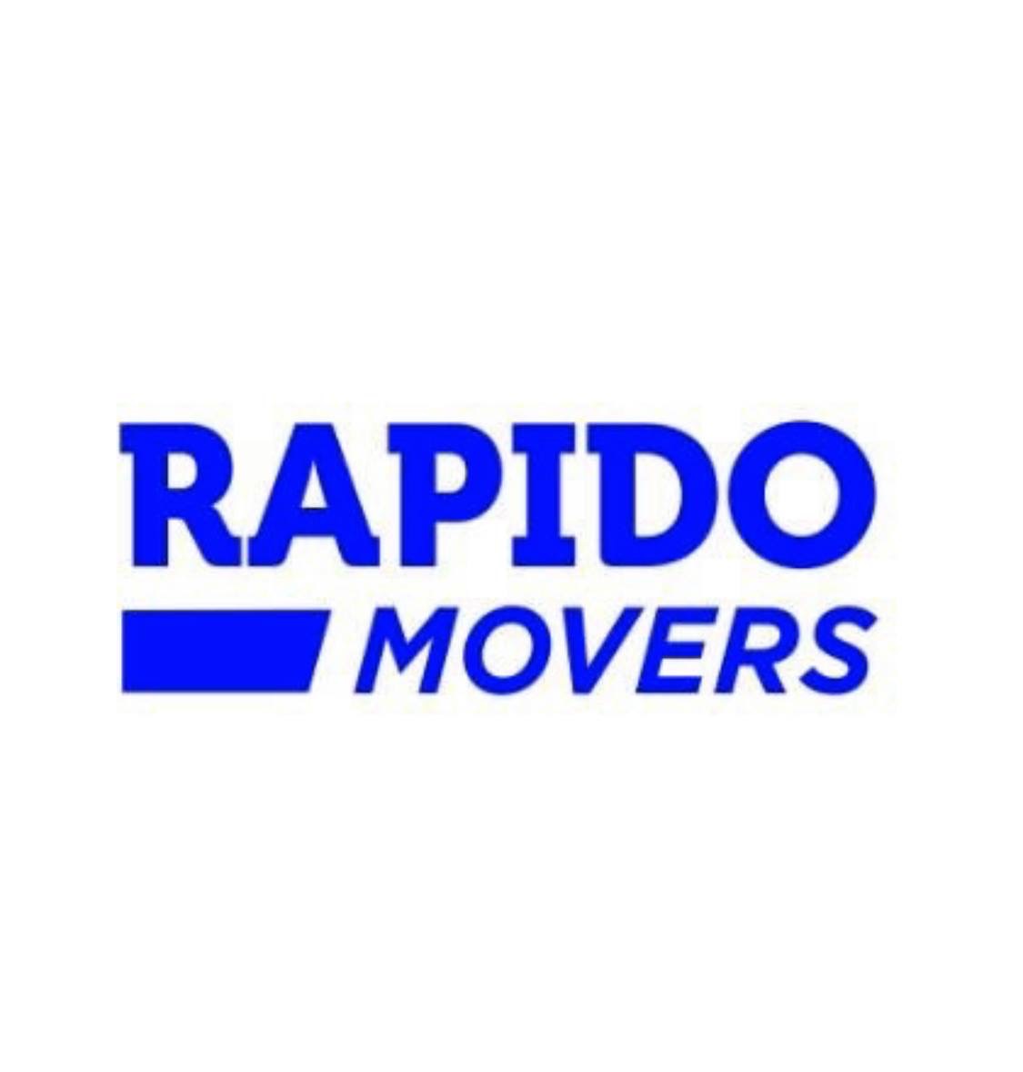 Logo firmy transportowej Rapido Movers z napisem w kolorze niebieskim na białym tle.