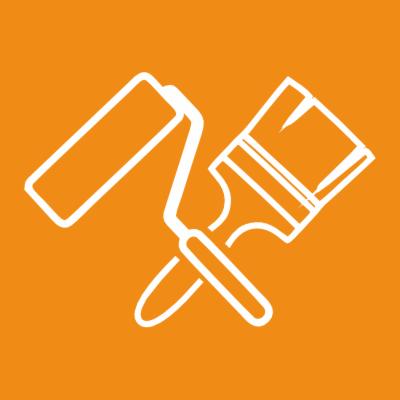 Grafika wektorowa przedstawiająca skrzyżowany wałek malarski i pędzel na pomarańczowym tle.