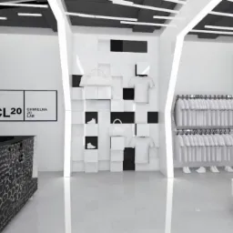 Wizualizacja 3D wnętrza butiku odzieżowego w czarno-białej kolorystyce, z minimalistycznym wystrojem, regałem z kwadratowych modułów eksponującym torebki i obuwie, oraz ladą barową pokrytą wzorami...