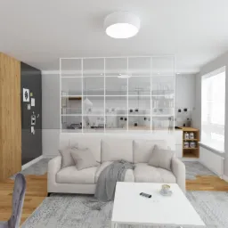 Wizualizacja wnętrza: salon z sofą, stolikiem kawowym i przeszkloną ścianą oddzielającą kuchnię, utrzymany w jasnej kolorystyce z akcentami drewna i szarości.
