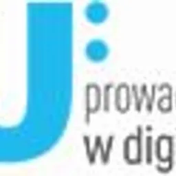 Logo firmy z dwukolorowym motywem liter 'JU' i napisem 'prowadzimy w digitalu'.