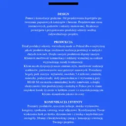 Plakat reklamowy firmy odzieżowej Bear, prezentujący trzy sektory działalności: design, produkcja i komunikacja/eventy. Tekst informuje o projektowaniu odzieży znakowanej, realizacji prototypów...
