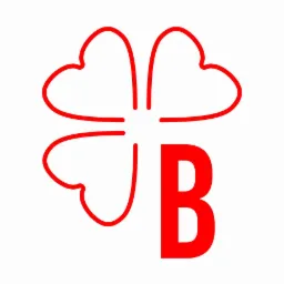 Czerwony logotyp przedstawiający czterolistną koniczynę utworzoną z serc oraz literę 'B' po prawej stronie, na białym tle.