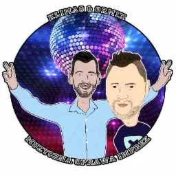 Karykaturalne logo firmy oferującej muzyczną oprawę imprez z dwoma uśmiechniętymi mężczyznami na tle dyskotekowej kuli.