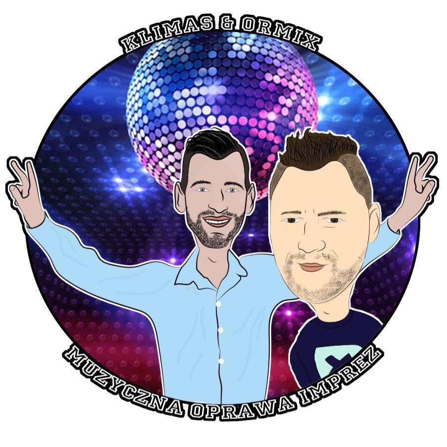 Karykaturalne logo firmy oferującej muzyczną oprawę imprez z dwoma uśmiechniętymi mężczyznami na tle dyskotekowej kuli.