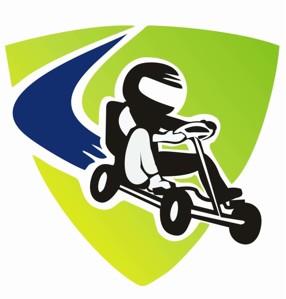 Stylizowany rysunek osoby w kasku, siedzącej w gokarcie na tle zielono-niebieskiego tła w kształcie tarczy.