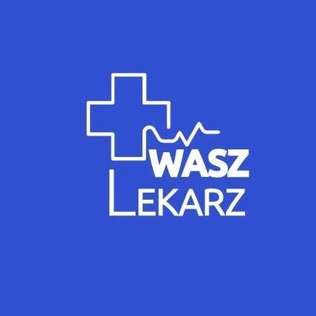 Logo firmy medycznej na niebieskim tle, zawierające biały krzyż, linię EKG i napis 'WASZ LEKARZ'.