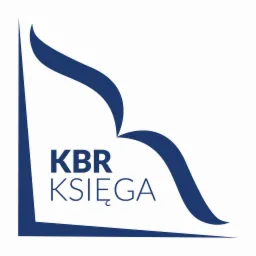 Logo firmy KBR Księga z abstrakcyjnym motywem graficznym w kolorze granatowym na białym tle.